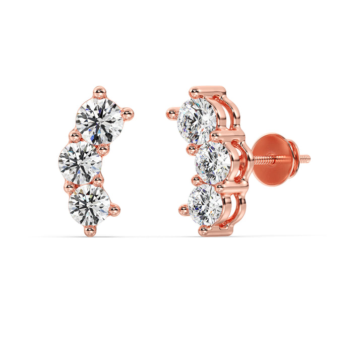 Round Cut Lab Grown Diamond Curved Three Stone Earrings in 18K Rose Gold