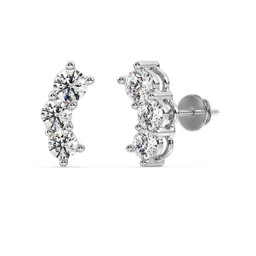 Round Cut Lab Grown Diamond Curved Three Stone Earrings in 18K White Gold