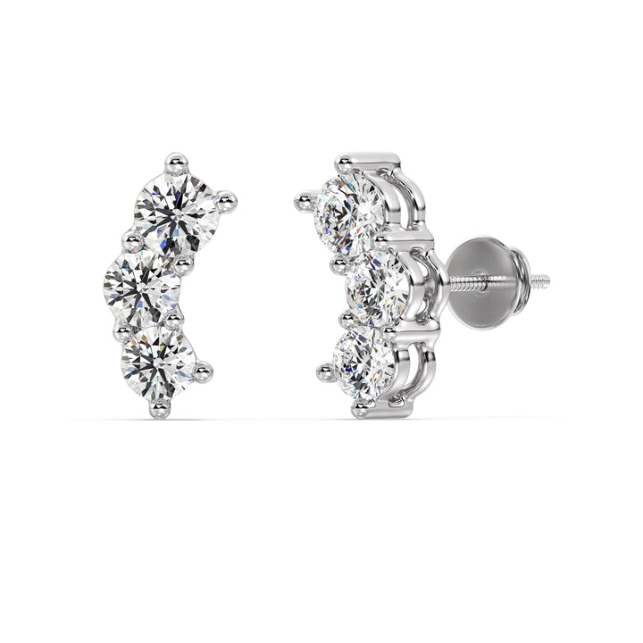 Round Cut Lab Grown Diamond Curved Three Stone Earrings in 18K White Gold