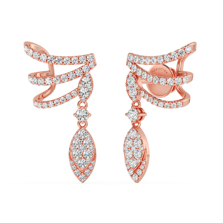 Round Cut Lab Grown Diamond Elongated Drop Earrings in 18K Rose Gold