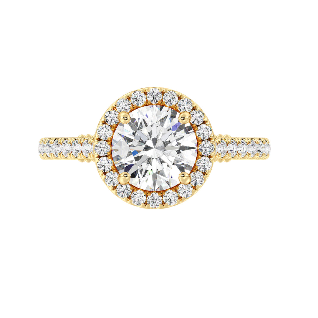 Round Cut Lab Grown Diamond Engagement Ring with Halo and Pavé Shank in Yellow Gold