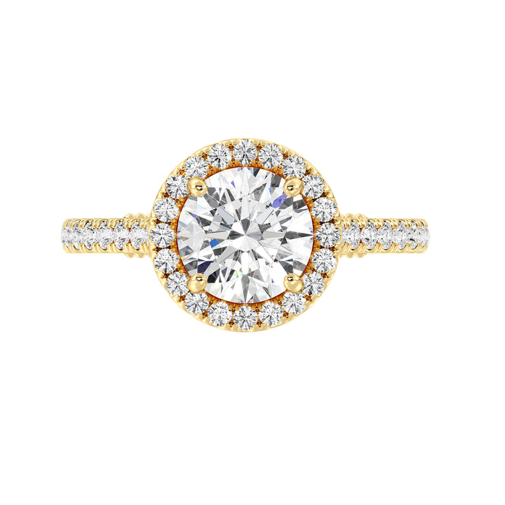 Round Cut Lab Grown Diamond Engagement Ring with Halo and Pavé Shank in Yellow Gold