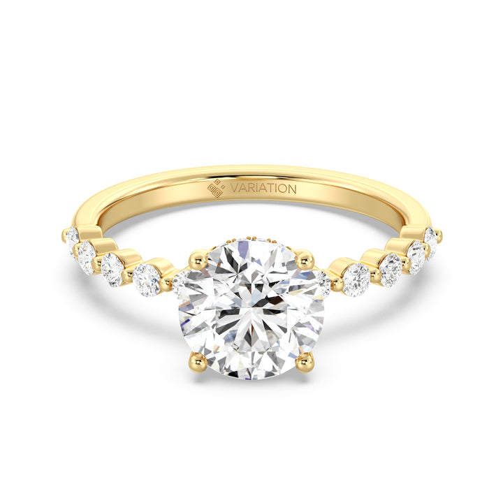 Round Cut Lab Grown Diamond Engagement Ring with Hidden Halo Setting in Yellow Gold