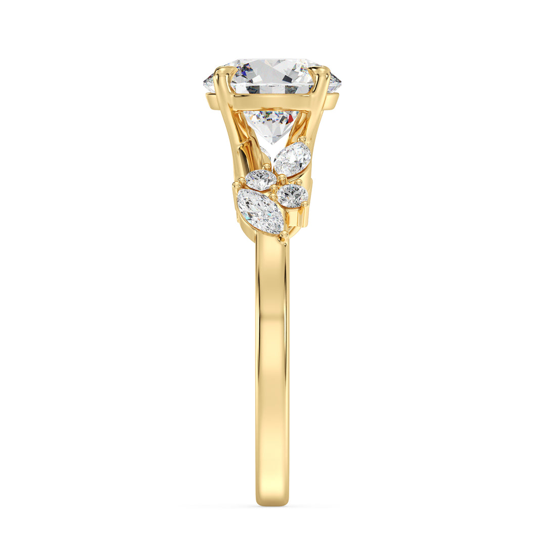 Round Cut Lab Grown Diamond Engagement Ring with Marquise and Round Diamond Details in Yellow Gold