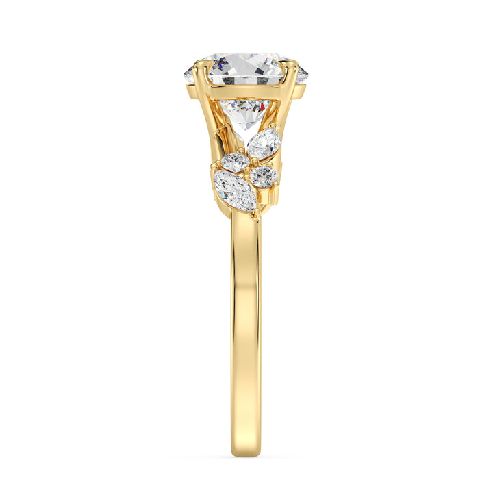 Round Cut Lab Grown Diamond Engagement Ring with Marquise and Round Diamond Details in Yellow Gold