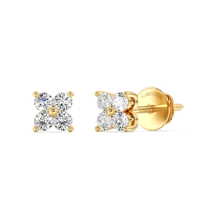 Round Cut Lab Grown Diamond Four Stone Cluster Stud Earrings in 18K Yellow Gold