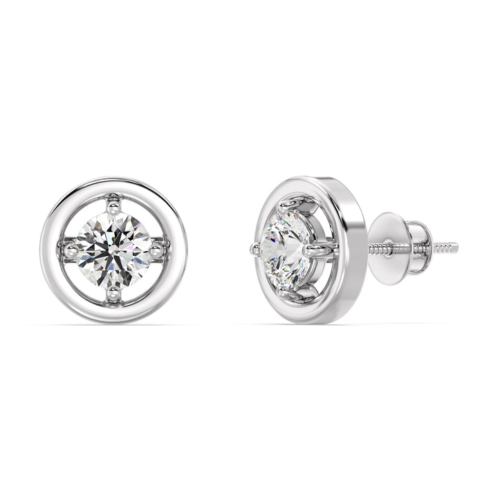 Round Cut Lab Grown Diamond Gold Rim Stud Earrings in 18K White Gold