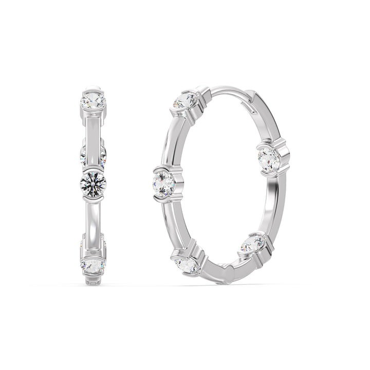 Round Cut Lab Grown Diamond Half Bezel Hoop Earrings in 18K White Gold