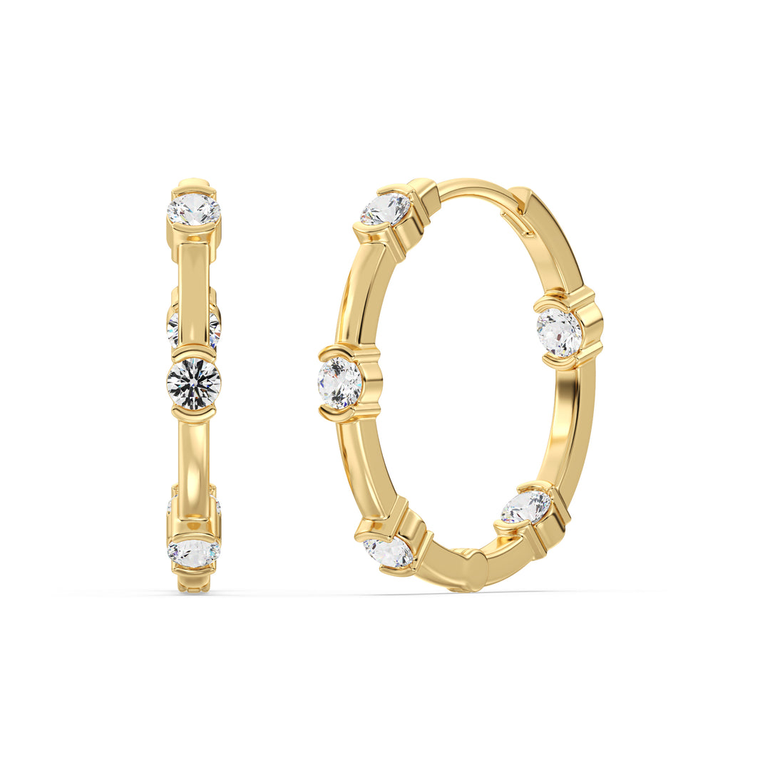 Round Cut Lab Grown Diamond Half Bezel Hoop Earrings in 18K Yellow Gold