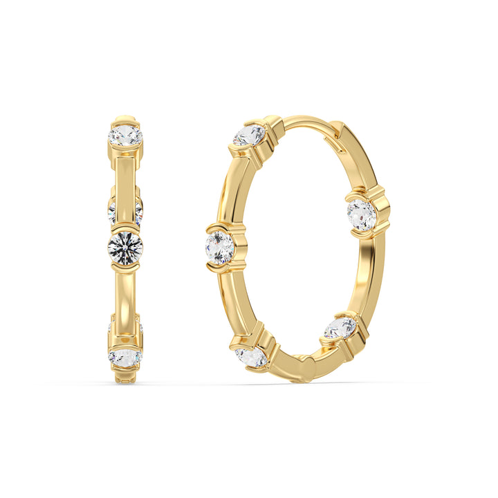 Round Cut Lab Grown Diamond Half Bezel Hoop Earrings in 18K Yellow Gold