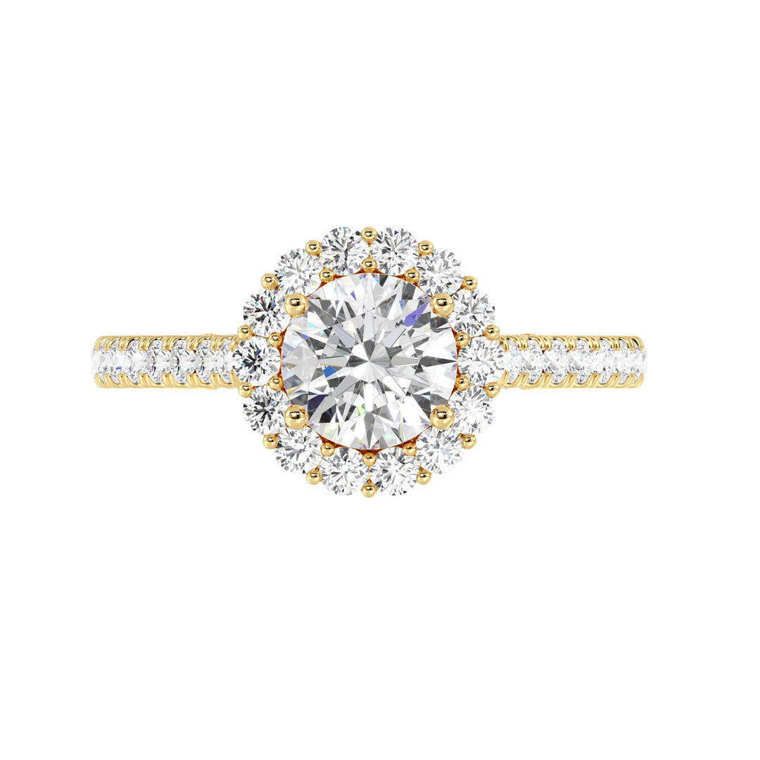 Round Cut Lab Grown Diamond Halo Ring with Pavé Accent Diamonds in Yellow Gold