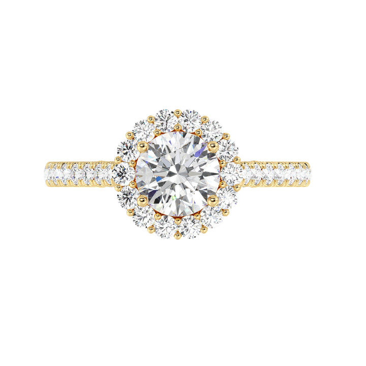 Round Cut Lab Grown Diamond Halo Ring with Pavé Accent Diamonds in Yellow Gold