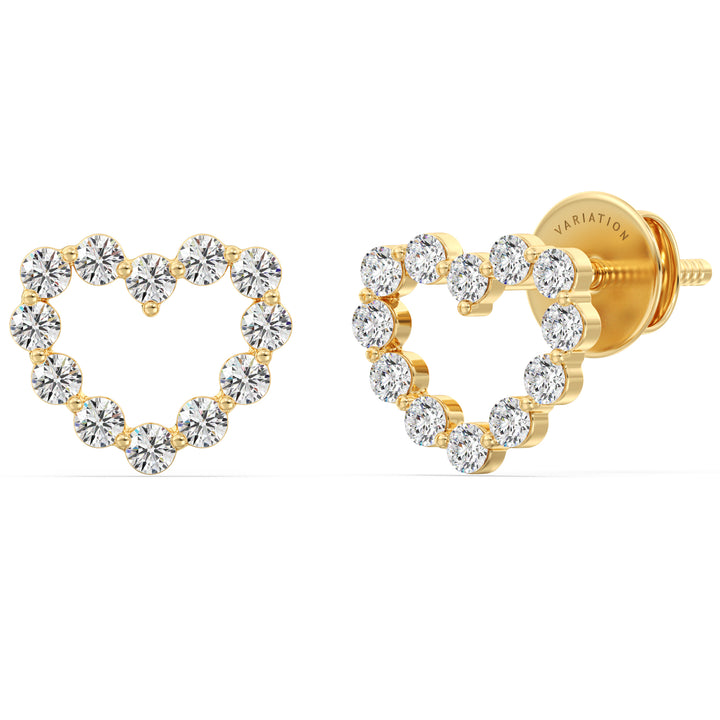 Round Cut Lab Grown Diamond Heart Shaped Stud Earrings in 18K Yellow Gold