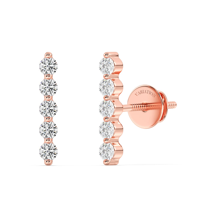 Round Cut Lab Grown Diamond Long Bar Stud Earrings in 18K Rose Gold