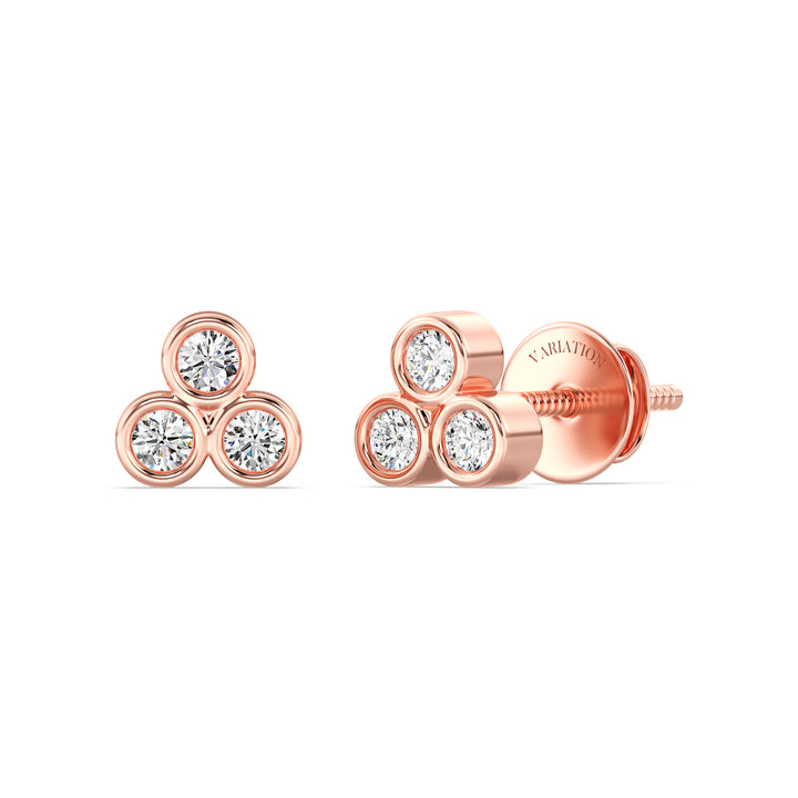 Round Cut Lab Grown Diamond Three Stone Bezel Stud Earrings in 18K Rose Gold