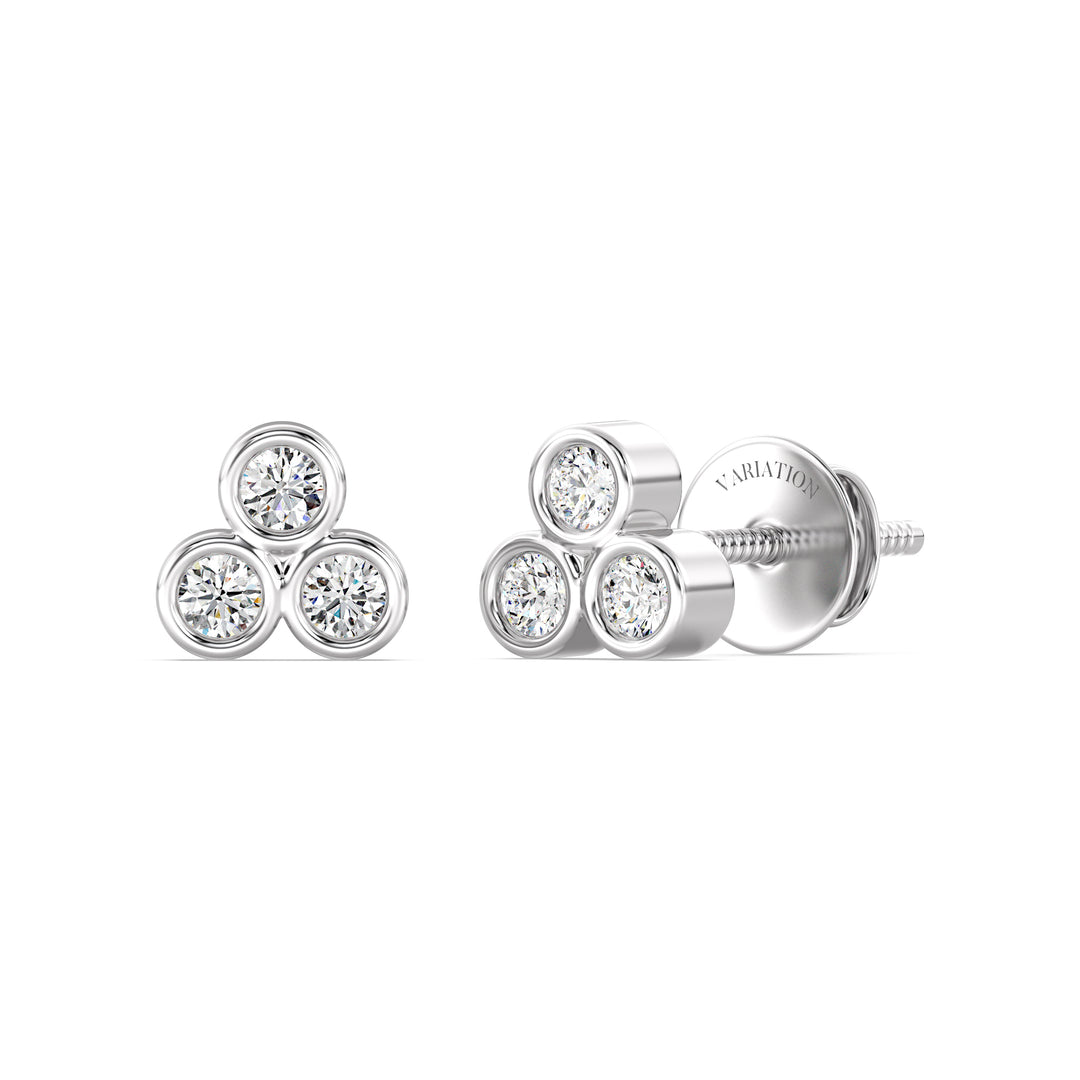 Round Cut Lab Grown Diamond Three Stone Bezel Stud Earrings in 18K White Gold
