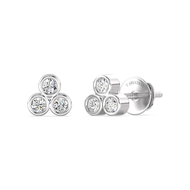Round Cut Lab Grown Diamond Three Stone Bezel Stud Earrings in 18K White Gold