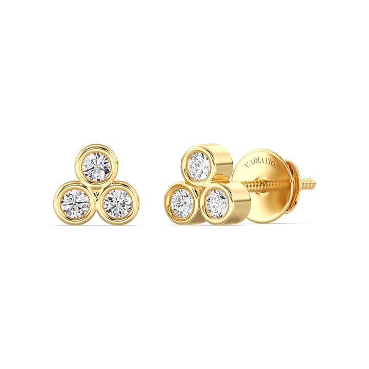 Round Cut Lab Grown Diamond Three Stone Bezel Stud Earrings in 18K Yellow Gold