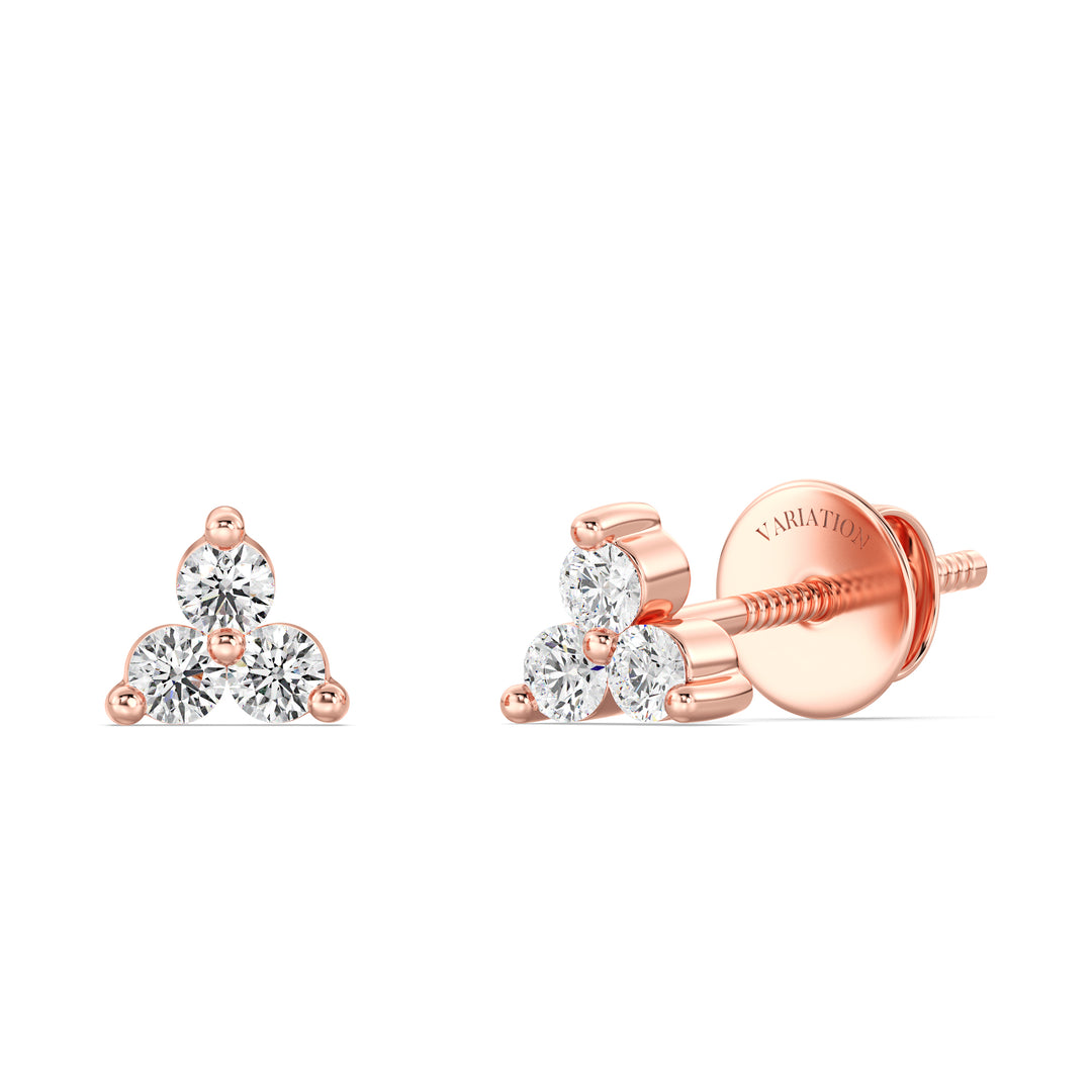 Round Cut Lab Grown Diamond Trinity Cluster Stud Earrings in 18K Rose Gold