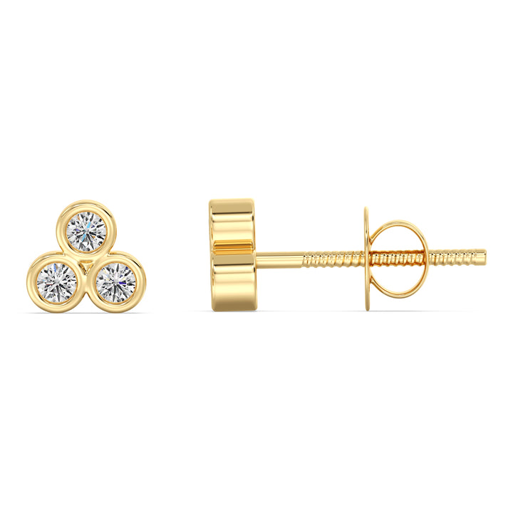 Round Diamond Three Stone Bezel Stud Earrings in 18K Yellow Gold