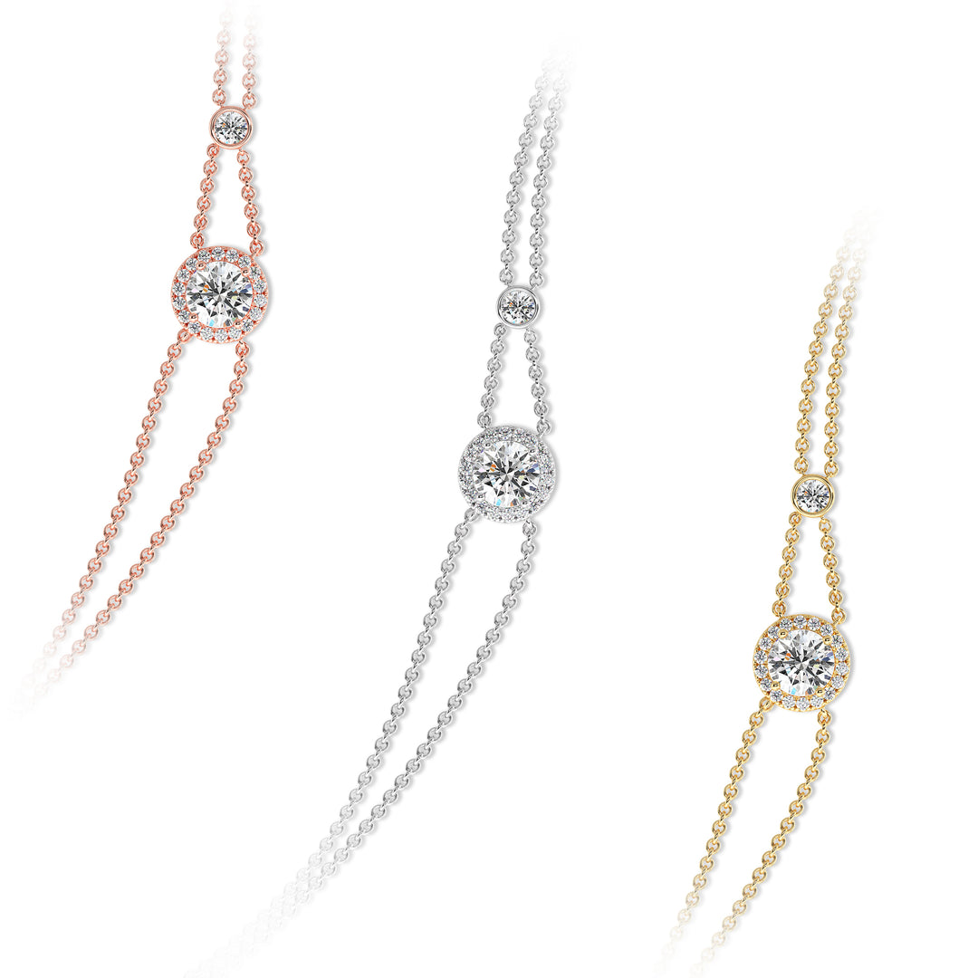Round Lab Grown Diamond Double Chain Halo Bracelet in Yellow Gold White Gold and Rose Gold