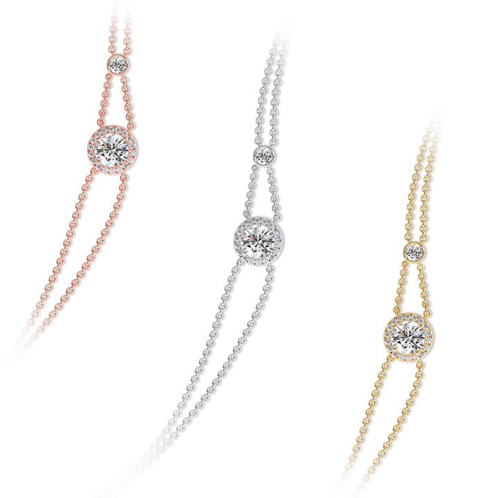 Round Lab Grown Diamond Double Chain Halo Bracelet in Yellow Gold White Gold and Rose Gold