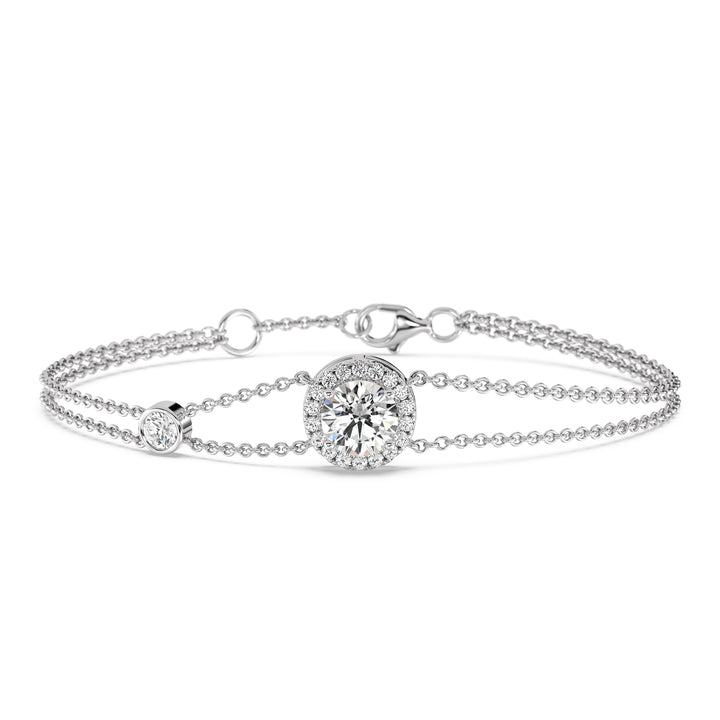 Round Lab Grown Diamond Double Chain Halo Bracelet in 18K White Gold