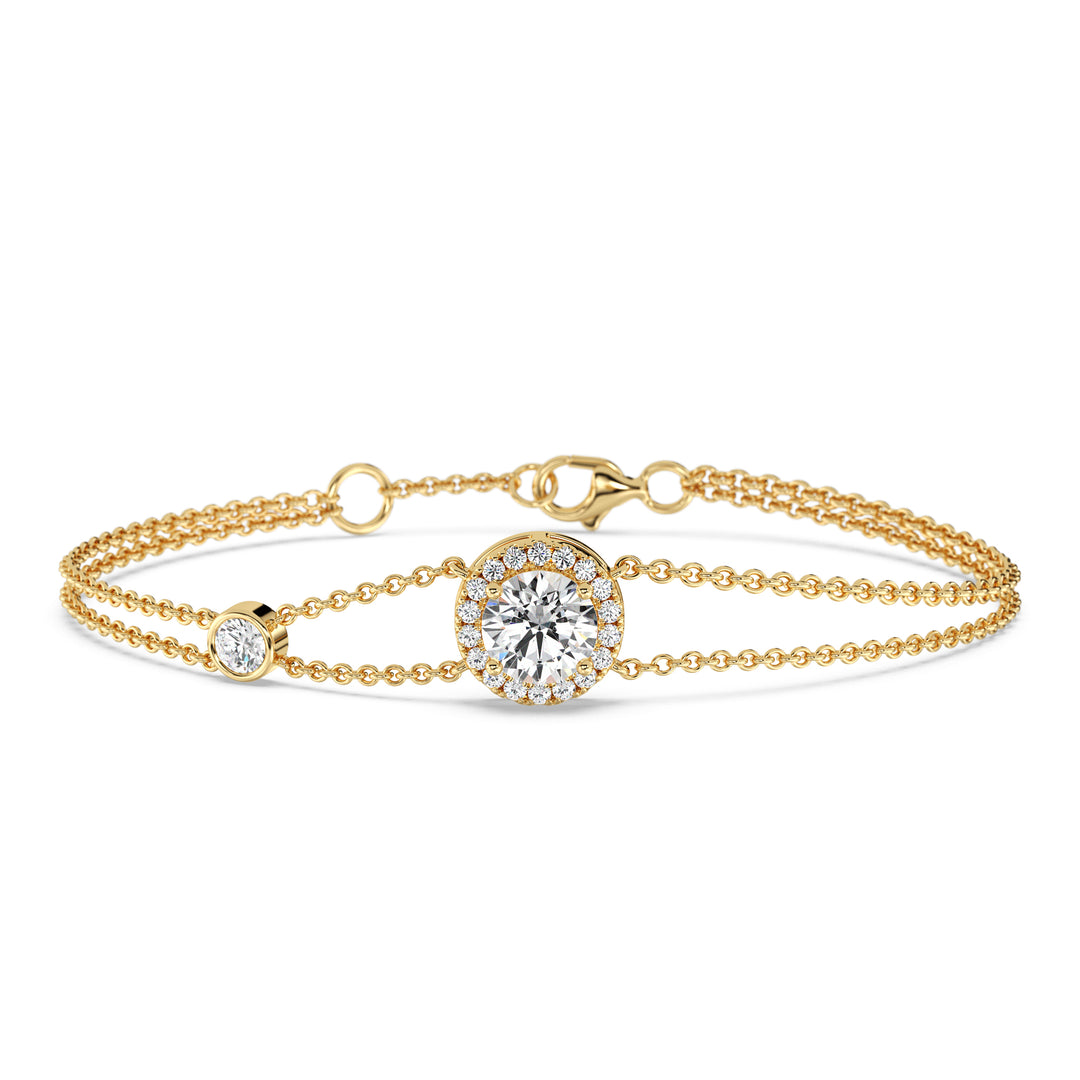 Round Lab Grown Diamond Double Chain Halo Bracelet in 18K Yellow Gold