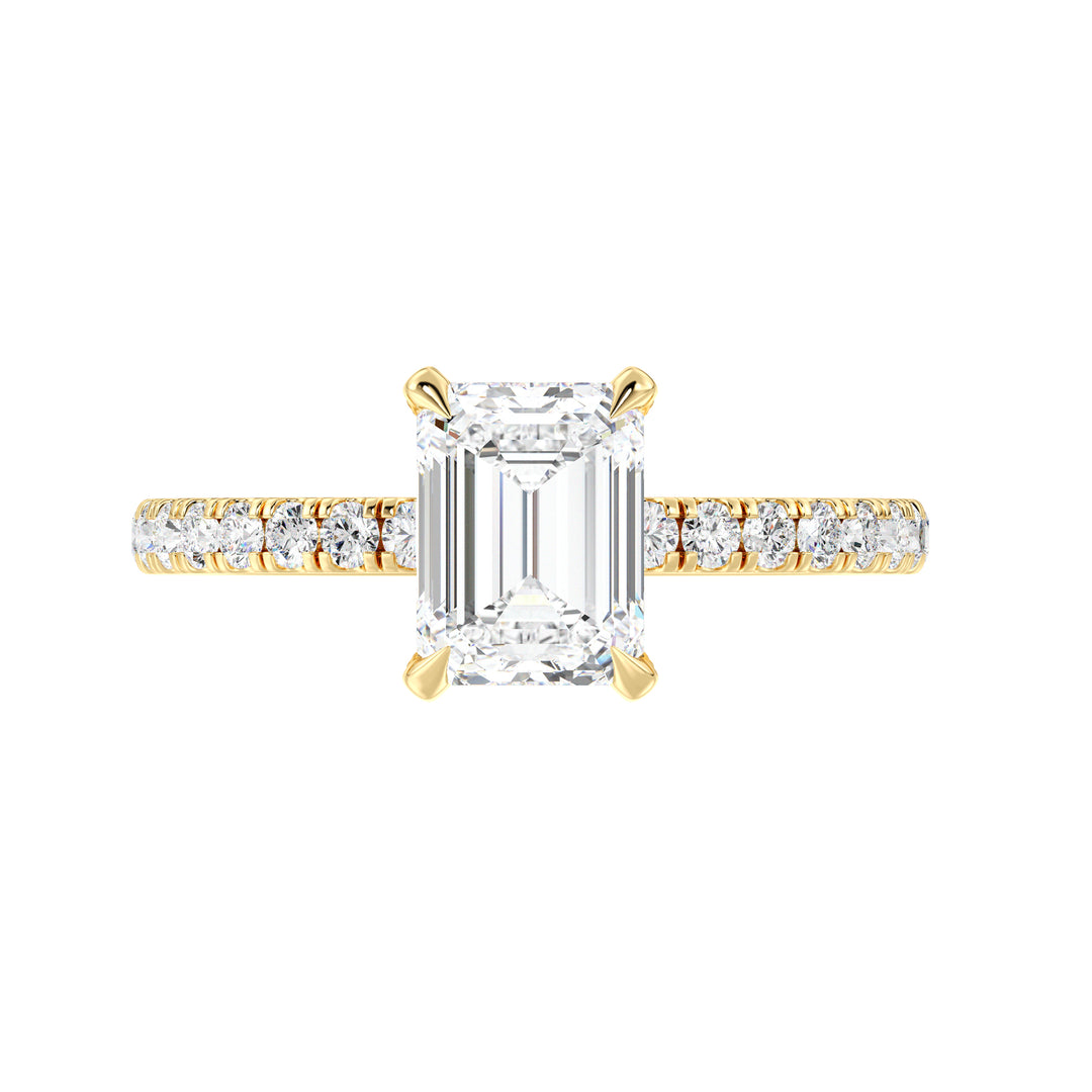 Step Cut Emerald Lab Grown Diamond Engagement Ring with Hidden Halo in Yellow Gold