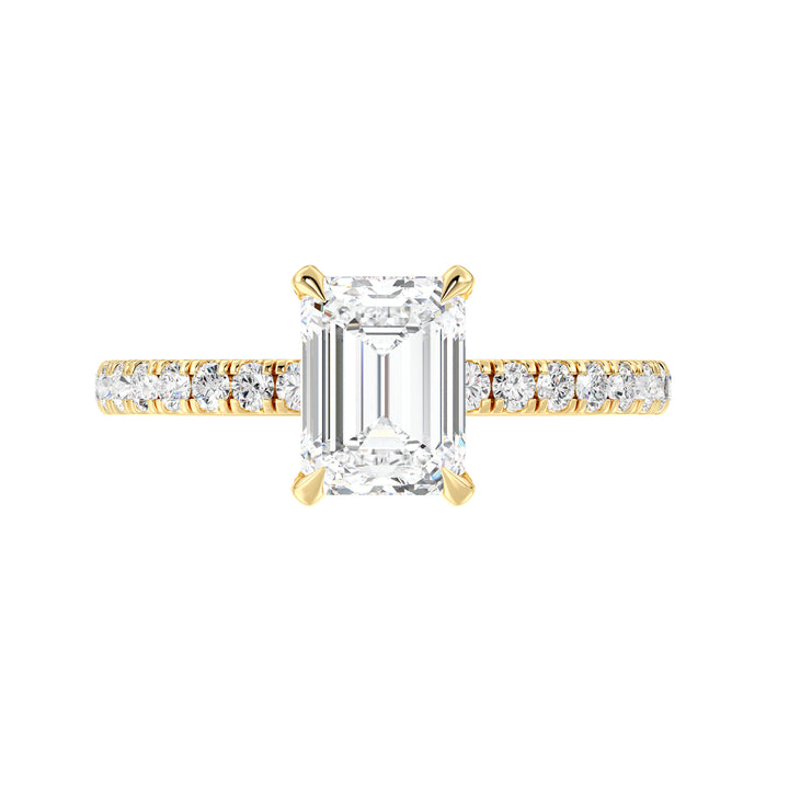 Step Cut Emerald Lab Grown Diamond Engagement Ring with Hidden Halo in Yellow Gold