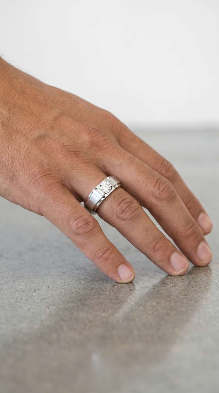 Stepped Platinum Signet Ring Featuring a 0.32 Ct Round Brilliant Diamond