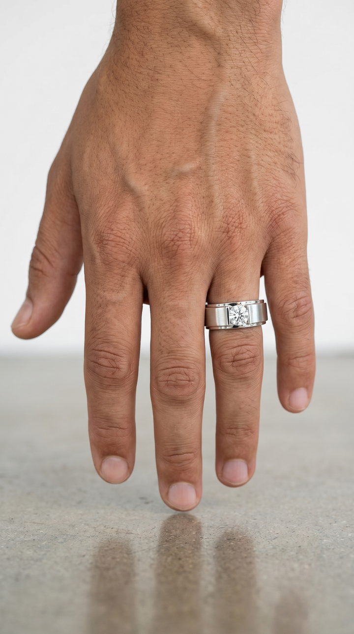 Tapered Platinum Signet Ring Featuring a 0.47 Ct Round Brilliant Diamond