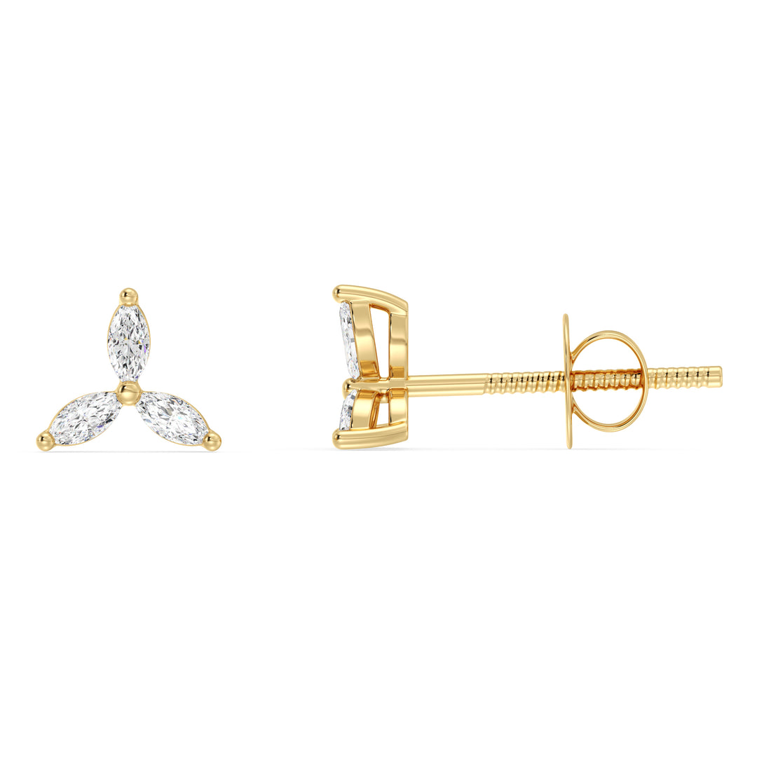 Three Stone Marquise Diamond Stud Earrings in 18K Yellow Gold