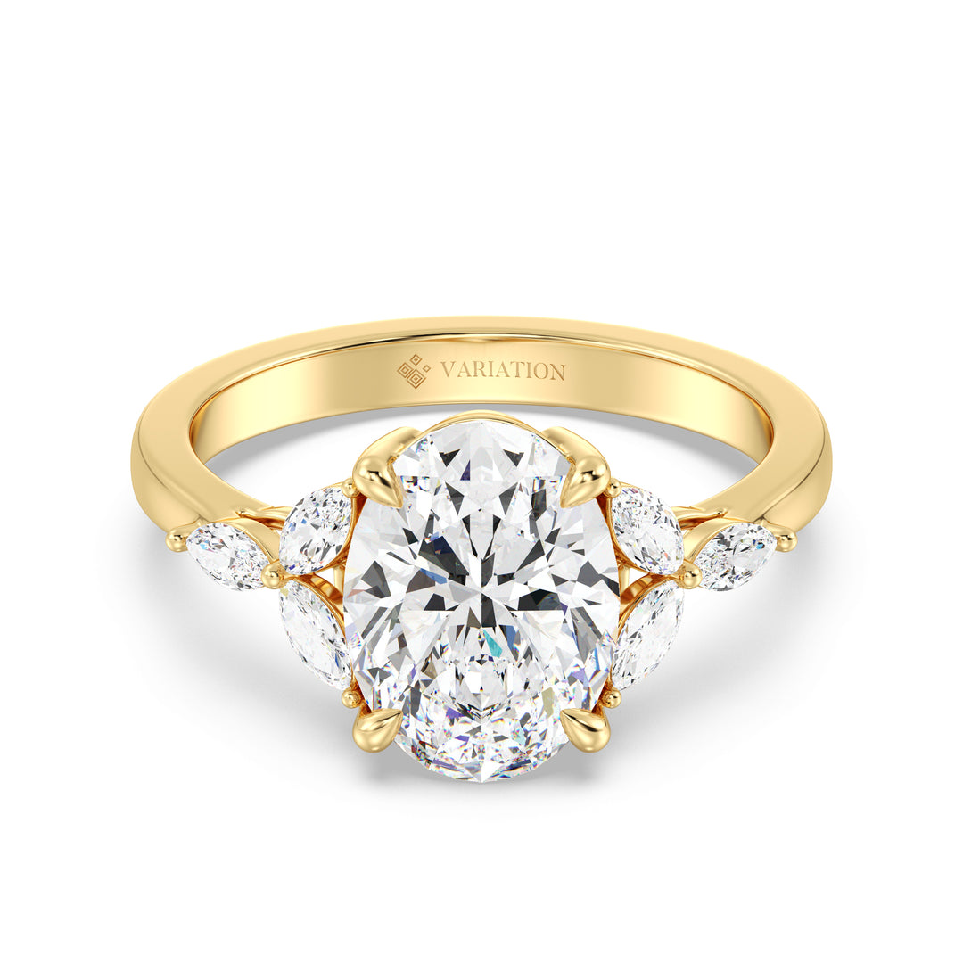 Three Stone Oval Diamond Ring with Marquise Accents in Yellow Gold