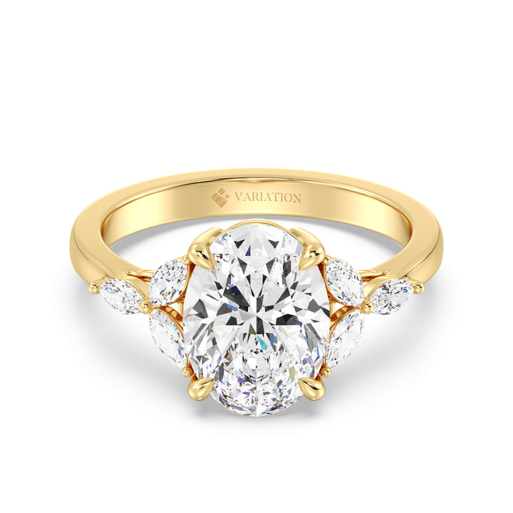 Three Stone Oval Diamond Ring with Marquise Accents in Yellow Gold