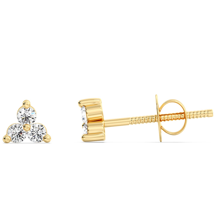 Three Stone Round Lab Grown Diamond Stud Earrings in 18K Yellow Gold