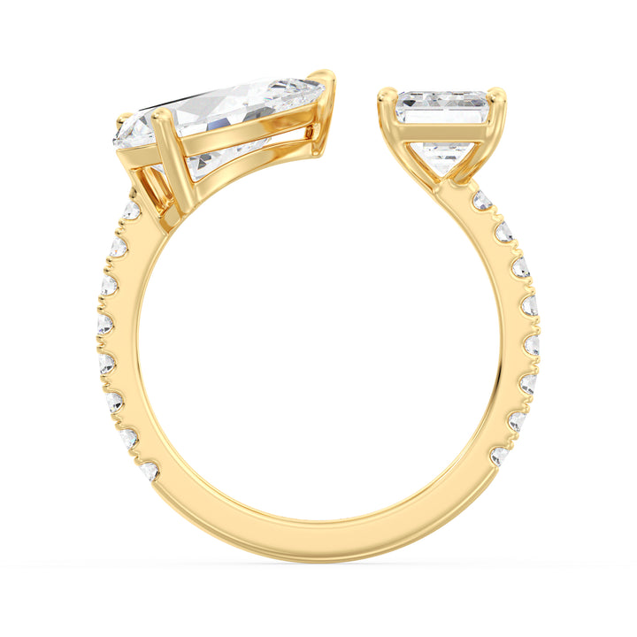 Toi et Moi Ring with Pear and Emerald Cut Lab Grown Diamonds in Yellow Gold