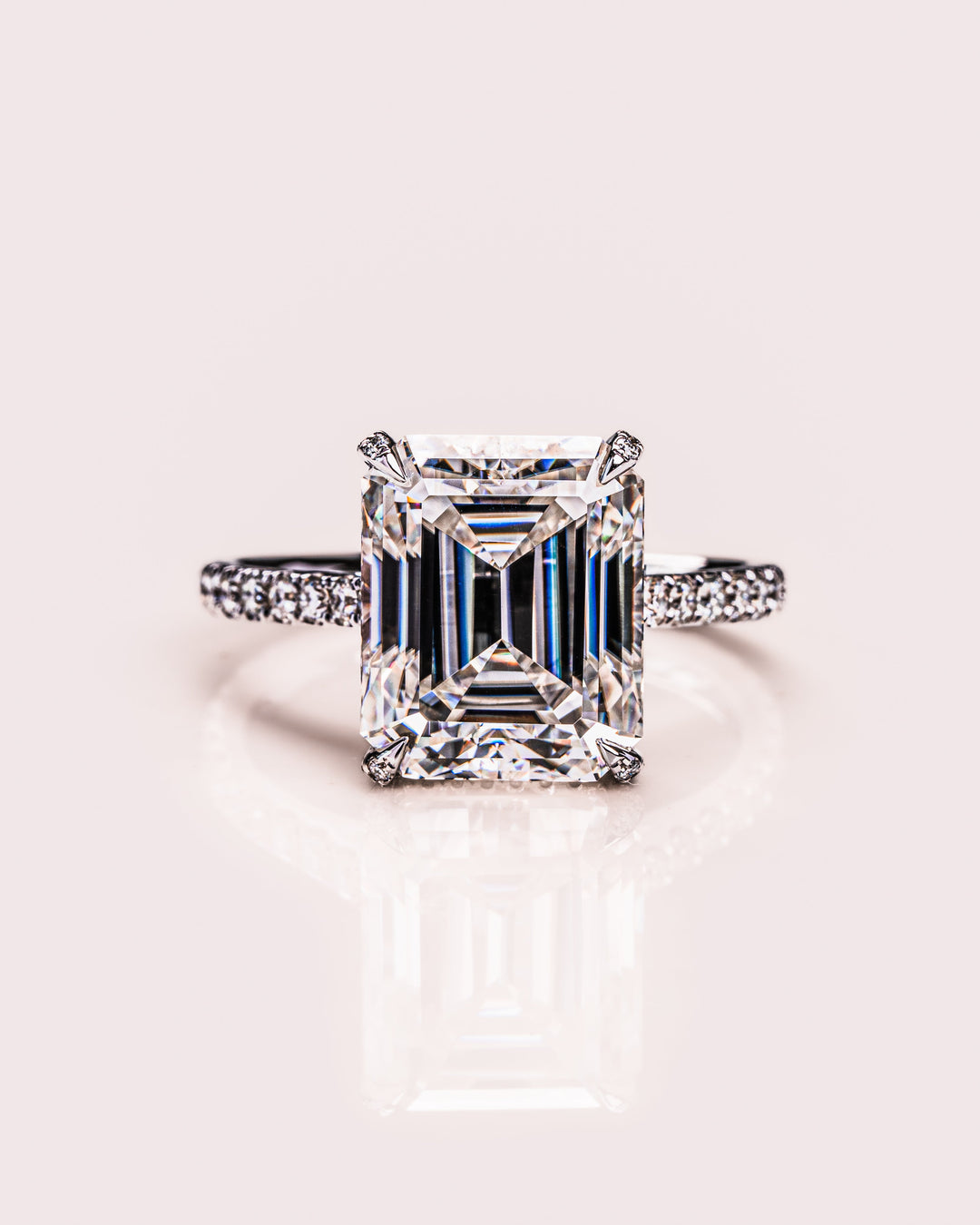 3.42 CT Emerald Cut Solitaire Moissanite Engagement Ring With Hidden Halo Setting