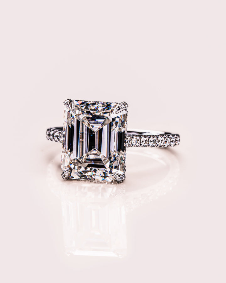 3.42 CT Emerald Cut Solitaire Moissanite Engagement Ring With Hidden Halo Setting