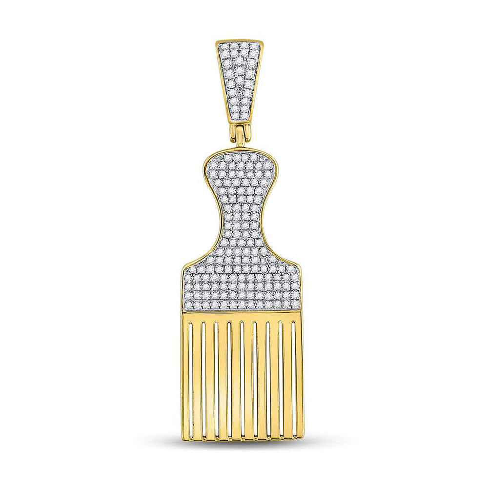 Exquisite 10K Gold Afro Hair Pick Charm Pendant with 1/2 Cttw Round Natural Diamond – A Distinguished Choice for Men - Jewelry Close-Up