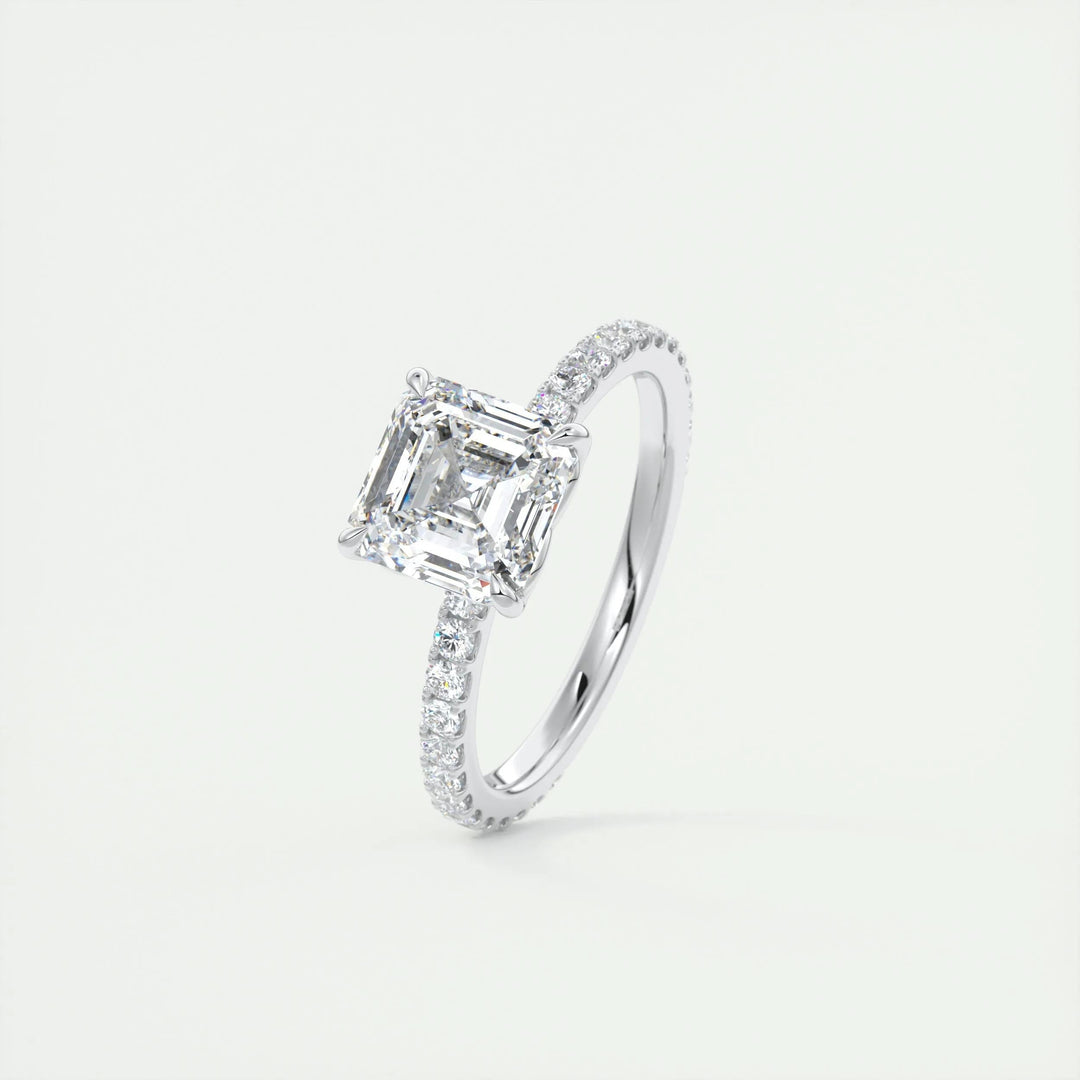 IGI CERTIFIED 2CT ASSCHER F-VS1 LAB-GROWN DIAMOND ENGAGEMENT RING WITH PAVÉ SETTING