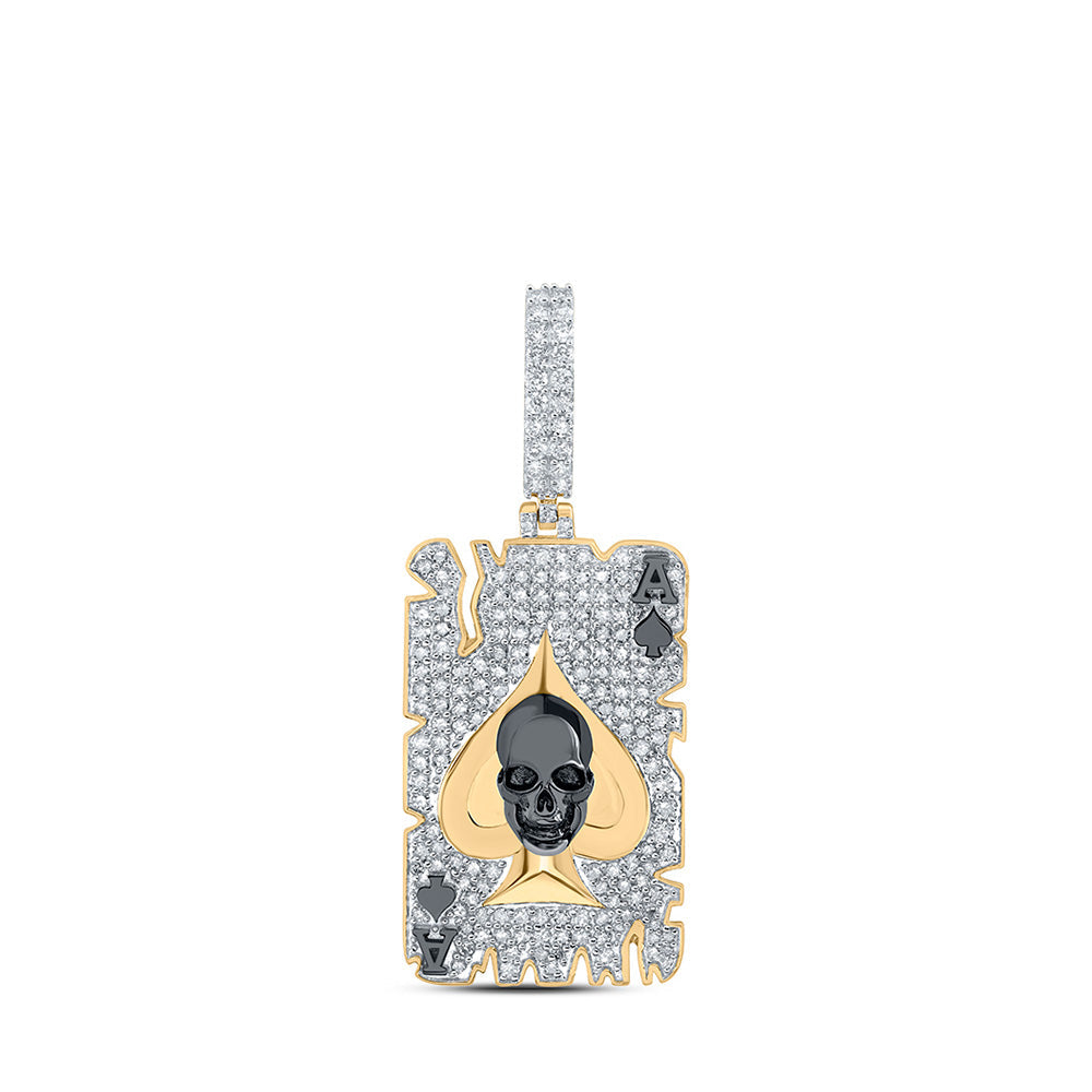 10K Gold ACE Spade Skull Charm Pendant with 1.33 Carat Round Natural Diamonds – A Striking Men's Jewelry Accessory