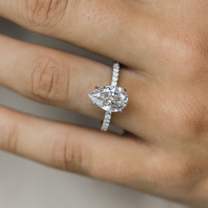 3.10 CT Pear Solitaire Hidden Halo & Pave Moissanite Engagement Ring