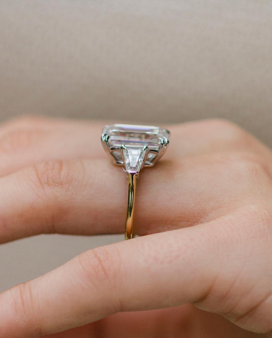 7.2 CT Emerald Cut Three Stone Moissanite Engagement Ring