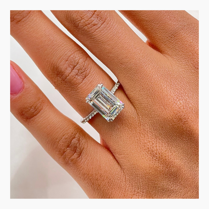 IGI Certified 5.02ct Emerald Cut G-VS Lab Grown Diamond Engagement Ring with Pave Setting in 14K or 18K Solid Gold