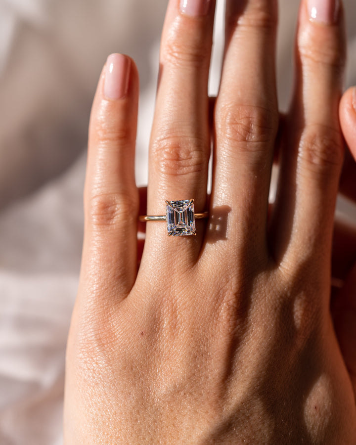 2.30 CT Emerald Cut Moissanite Solitaire Engagement Ring With Hidden Halo Setting