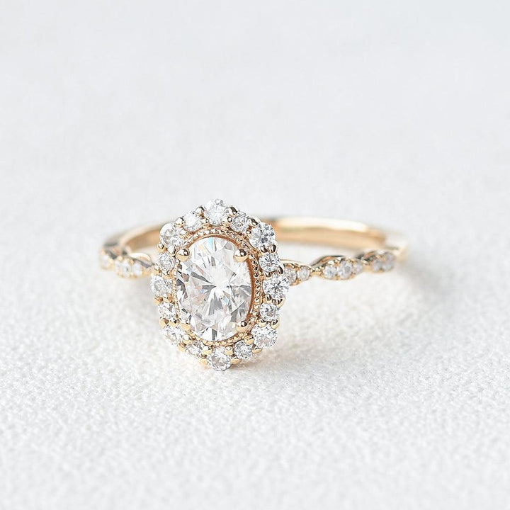 0.94 CT Oval Cut Halo & Pave Moissanite Engagement Ring