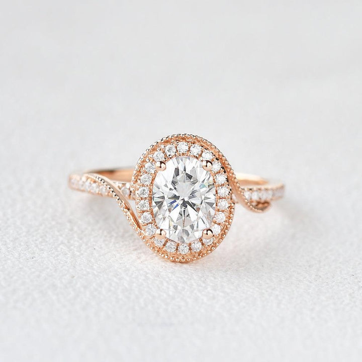 1.33 CT Oval Cut Halo Pave Moissanite Engagement Ring
