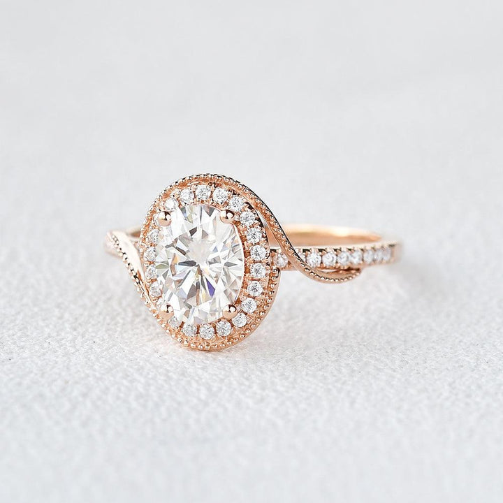 1.33 CT Oval Cut Halo Pave Moissanite Engagement Ring