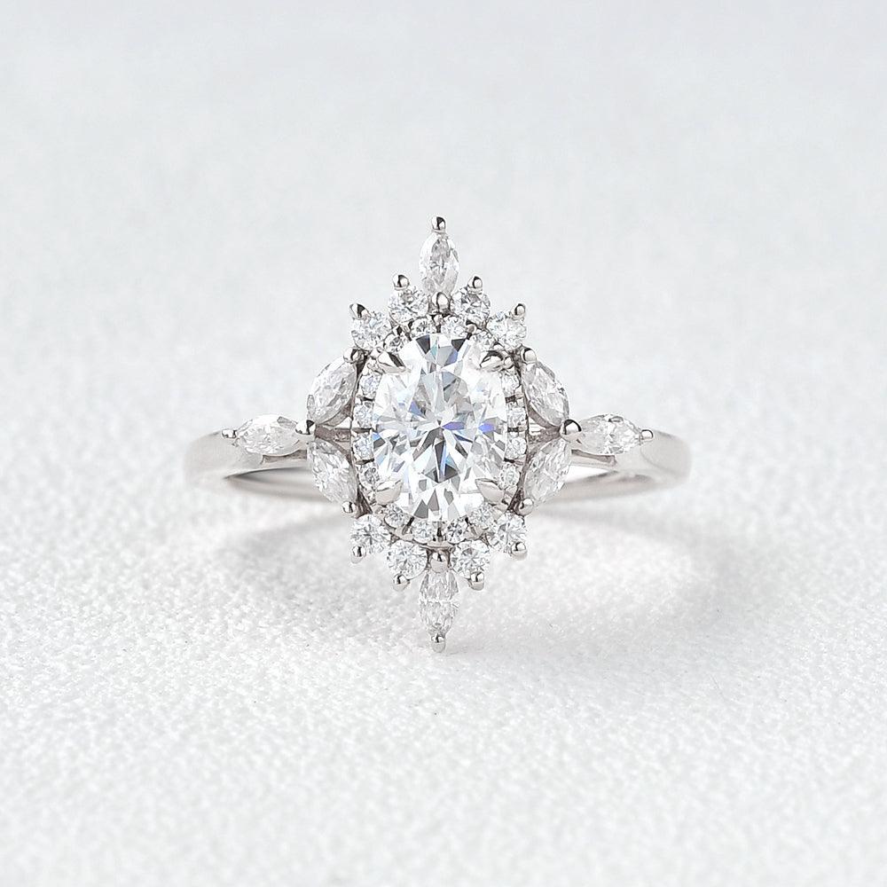 0.94 CT Oval Cut Cluster Vintage Moissanite Engagement Ring